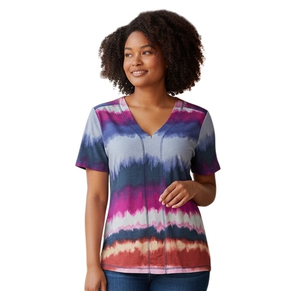 Westbound Tops - Westbound Women's Blue Pink Tie Dies V-Neck Top Size 3X